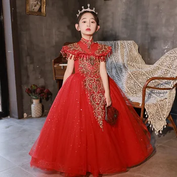 Детское праздничное платье высокого качества, красное вечернее платье для девочек в китайском стиле, длинное платье с вышивкой пайетками для вечеринки, свадебные детские платья