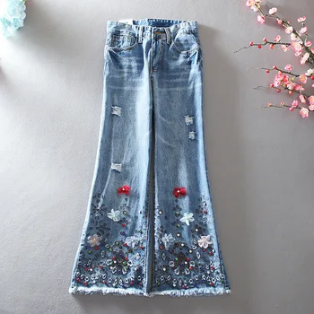 Модные свободные джинсы большого размера в стиле ретро, расшитые бисером, с бриллиантовыми отверстиями, тонкие повседневные широкие брюки для женщин