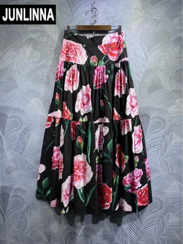 JUNLINNA Модная Женская юбка для подиума из 100% хлопка с Цветочным Принтом, Облегающее Полуплатье для Вечеринки и Отпуска