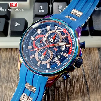 Мужские военные спортивные часы MINI FOCUS с синим силиконовым ремешком, кварцевые наручные часы с хронографом и автоматической датой, светящиеся стрелки 0350