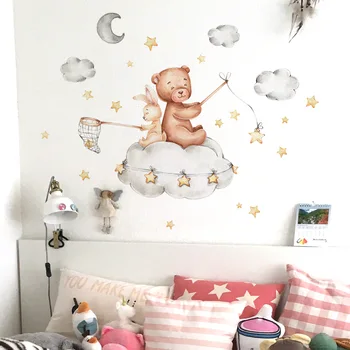 наклейка на стену с изображением Медведя со звездой и облаком из мультфильма 30 * 45 см, Детская комната, гостиная, спальня, кабинет, Ресторан, декоративная наклейка на стену