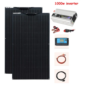 Комплект системной панели солнечных батарей мощностью 200 Вт от сети RV для сарая/дома: 2шт Солнечная панель мощностью 100 Вт + контроллер 20A + инверторный кабель мощностью 1000 Вт + адаптер