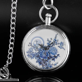 Модные карманные часы из синего и белого фарфора, Механическая мужская сумка, ожерелье в стиле стимпанк, Брелок, цепочка для часов, Римские цифровые часы