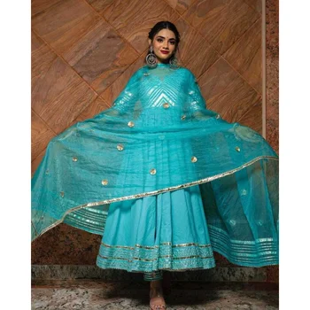 Anarkali вырез лодочкой, рукав 3/4, расклешенная Курта с брюками и Дупаттой, индийское этническое платье