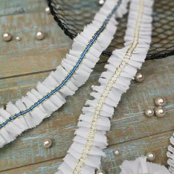 Ширина 2 Метра 2,5 см Золотисто-Синий Высококачественный Шифоновый Материал Для Одежды DIY Craft Свадебная Вышивка Кружевная Отделка Аксессуары