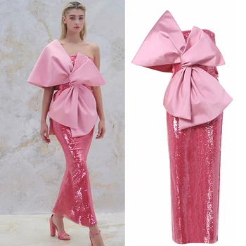 Розовое Свадебное Платье в стиле Пэчворк с Бантом, Блестящие Стильные Платья Для Выпускного Вечера, Облегающее Вечернее Платье Vestidos на Одно плечо, Robe De Soiree