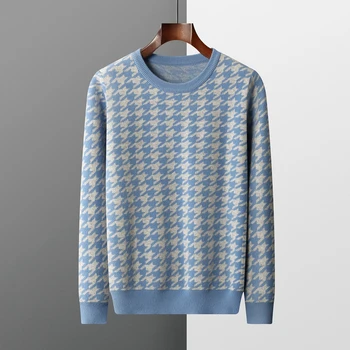 Мужская утолщенная кашемировая рубашка Модного контрастного цвета, вязаный пуловер в клетку из 100% чистой шерсти с круглым вырезом, модный топ