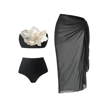 Комплект Бикини с 3D Белым цветком, Сексуальный женский купальник со средней талией, Купальники 2023, Элегантная бразильская пляжная одежда, купальный костюм с юбкой