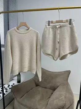Fyion HIGH STREET, новейшие 2023 Стильные дизайнерские трикотажные комплекты для подиума, женский пуловер + мини-шорты с пайетками