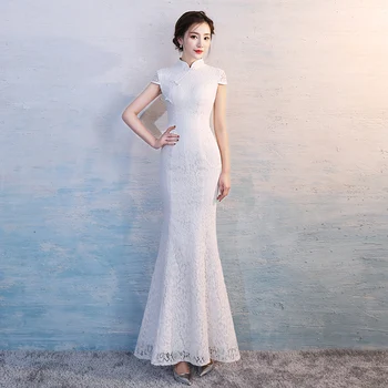 Белое Кружевное Изысканное Цветочное платье Чонсам с винтажным воротником-стойкой на пуговицах, Китайское Ципао, Сексуальное открытое Макси-платье в стиле ретро для банкета