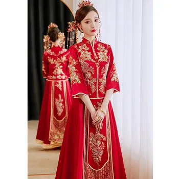 Изысканное свадебное платье Невесты в Китайском стиле, расшитое бисером Феникса, свадебный костюм Невесты Чонсам