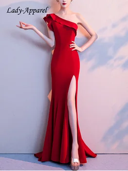 Женское Дизайнерское платье с рукавами на одно плечо и высокой талией, Приталенное Платье для Банкета, Элегантные вечерние платья с высоким разрезом ярких цветов