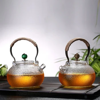 Бытовой Стеклянный Чайник Термостойкий Чайный Сервиз Ручной Работы С Чеканной Текстурой Цветочный Чайник с Ручкой Для Приготовления Чая