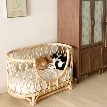 Кровать для домашних животных из ротанга, диван для собак ручной работы, ротанговое кресло, кровать принцессы для кошек, маленькая кровать из ротанга