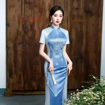 китайское винтажное платье 2023 года, улучшенное платье ципао с национальным принтом дракона, элегантное вечернее платье для банкета в восточном стиле, vestido