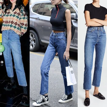 Прямые женские джинсы с высокой талией в стиле бойфренда, повседневные дикие женские джинсы длиной до щиколотки