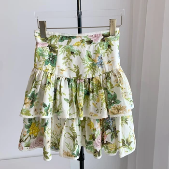 Женская льняная юбка с цветочным принтом, многослойная мини-юбка с высокой талией и оборками