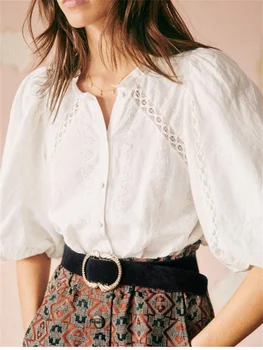 Женская блузка из 100% хлопка с вышивкой, Открытая блузка 2023, Летняя новинка, Однобортная однотонная рубашка в Дворцовом стиле