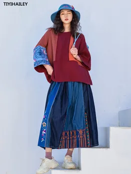 TIYIHAILEY/ Бесплатная доставка, 2021, Осенне-весенняя джинсовая юбка в стиле пэчворк с эластичной резинкой на талии, женская юбка в китайском стиле с вышивкой