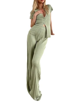Женский вязаный свитер без рукавов крючком, майка с расклешенными брюками с высокой талией - Стильный спортивный костюм из 2 предметов