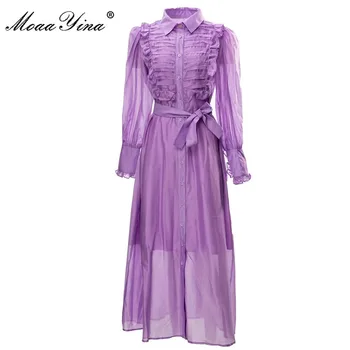 Модное дизайнерское платье MoaaYina, Летнее женское платье с отложным воротником и длинным рукавом-фонариком, Гофрированные Платья на шнуровке