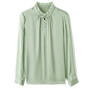 2022 Женская рубашка из 92% натурального шелка Элегантная Модная Женская рубашка с воротником-стойкой и длинным рукавом, Блузки, офисные женские однотонные блузки, топы