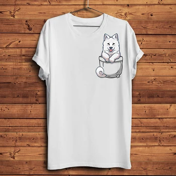 Симпатичная самоедская собака, щенок в кармане, забавная 3D футболка для мужчин, летняя новая белая повседневная футболка с коротким рукавом унисекс, крутая уличная футболка