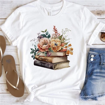 Футболка с забавным рисунком, Модная футболка с цветочной книгой 90-х годов, Женская модная Женская Повседневная футболка с коротким рукавом и принтом