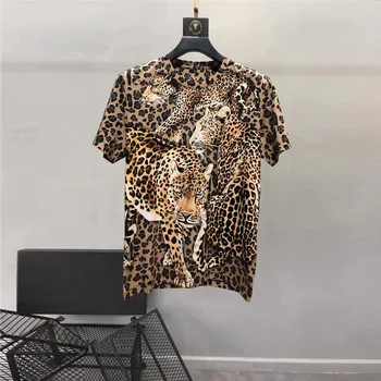 Европейская и американская мужская одежда, лето 2022, новая леопардовая завивка с коротким рукавом и бриллиантовым леопардовым принтом, модная футболка с круглым вырезом