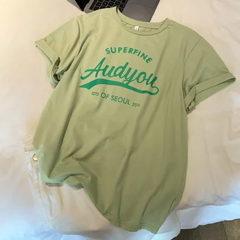 Летняя хлопковая базовая футболка с графическим рисунком, Женская футболка с круглым вырезом и коротким рукавом, футболки в стиле Харадзюку, Женские Повседневные Свободные Зеленые корейские топы