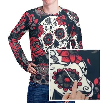 Футболка с мексиканским черепом и карманом в виде листьев и цветов, винтажные футболки, Мужская футболка Y2K, Топы с длинным рукавом на заказ, Большие размеры