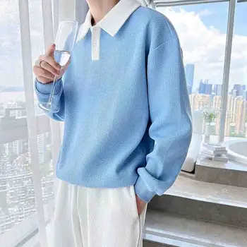 Мужская футболка Поло с длинным рукавом и принтом в вафельную клетку, Корейская Мода, Повседневный Пуловер Оверсайз 2xl, топы в стиле панк в стиле Харадзюку