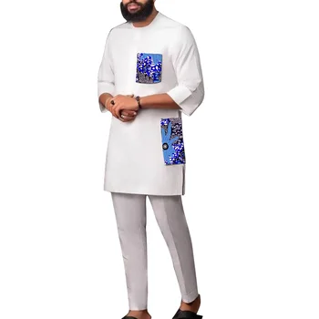 Молочно-белый мужской комплект с рукавами три четверти, Рубашки с принтом, брюки с нашивками, нигерийская модная одежда из эластичного хлопка