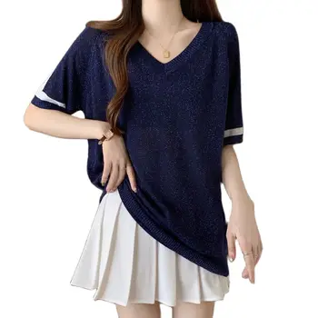 Женская летняя футболка большого размера из ледяного шелка с V-образным вырезом и коротким рукавом, уменьшающий возраст дизайн, модный топ