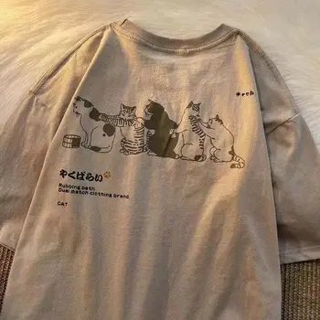 Летняя японская маленькая свежая футболка с короткими рукавами, мужская и женская пара, бренд tide, ретро футболка с рисунком кота из мультфильма, футболка с коротким рукавом