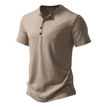 Мужская однотонная футболка Henley с коротким рукавом, Летний Повседневный Пуловер, Свободная верхняя блузка