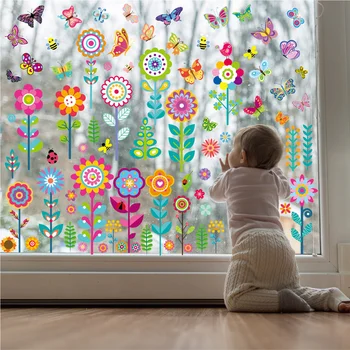 9 шт. INS Красочные наклейки с цветами и бабочками На окна Растение Гостиная Детский сад Украшение Стекла Статическая наклейка на окно