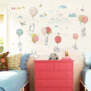 Мультяшные Милые наклейки на стену с воздушным шаром и летающим кроликом для детской комнаты, украшение вечеринки, мебель с рисунком птицы и облака для гостиной