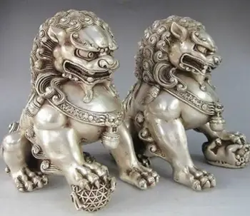 Медная статуэтка 12 * 12 см Китайский Серебряный Лев-хранитель, пара статуй собаки Фу Фу