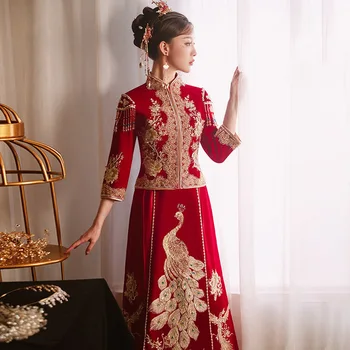 Элегантное китайское традиционное свадебное платье Ципао из велюра, расшитое блестками и павлином