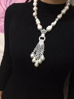 Ожерелье с подвеской из натурального пресноводного жемчуга в стиле барокко, серебро 925 пробы, кисточка из кубического циркона, модные женские украшения для вечеринки