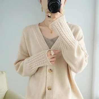 Женский кардиган с V-образным вырезом из 100% чистой шерсти, кашемировый свитер, корейские модные повседневные вязаные топы, женская куртка на осень и зиму