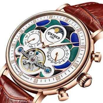 KINYUED 2023 Tourbillion Мужские часы С кожаным ремешком Модные Мужские наручные часы Хронограф Бизнес Фаза Луны Спортивные Мужские часы