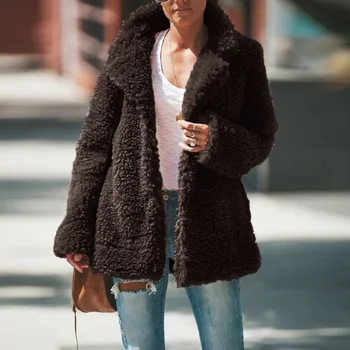 Зимнее пальто из искусственного меха, куртки для женщин 2023, плюшевое пальто с лацканами, однотонное пальто с длинным рукавом, кардиган, Женская куртка, Верхняя одежда