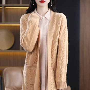 Новое кашемировое пальто из 100% чистой шерсти, женский длинный кардиган, свободный модный свитер, теплое вязаное женское пальто