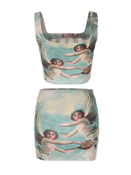 Rteyno/ Женские летние комплекты одежды из 2 предметов, укороченный топ с цветочным принтом и открытыми плечами, Юбка Макси с высокой талией
