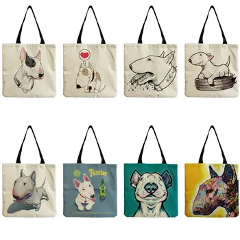 Цветная роспись, сумки для покупок с забавным принтом собаки-бультерьера, Женская модная сумка-тоут, Женская повседневная сумка, школьная дорожная сумка на плечо
