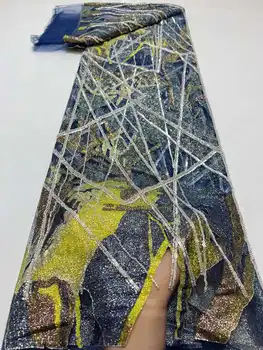 Shi Ting Африканская Элегантная Тяжелая Кружевная Ткань из бисера, Нигерия, Роскошная Сетка с вышивкой пайетками, 5 Ярдов, ткань для свадебных платьев HX