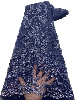 Роскошная Синяя Африканская Кружевная ткань С тяжелой кружевной вышивкой из тюля и бисера 2023, Высококачественное Новое французское кружево для Свадебного платья YY137