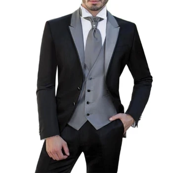 Черный Серый Мужской костюм, комплект из 3 предметов, Официальные Смокинги для Свадебной вечеринки, Пиджак Жениха, жилет и брюки